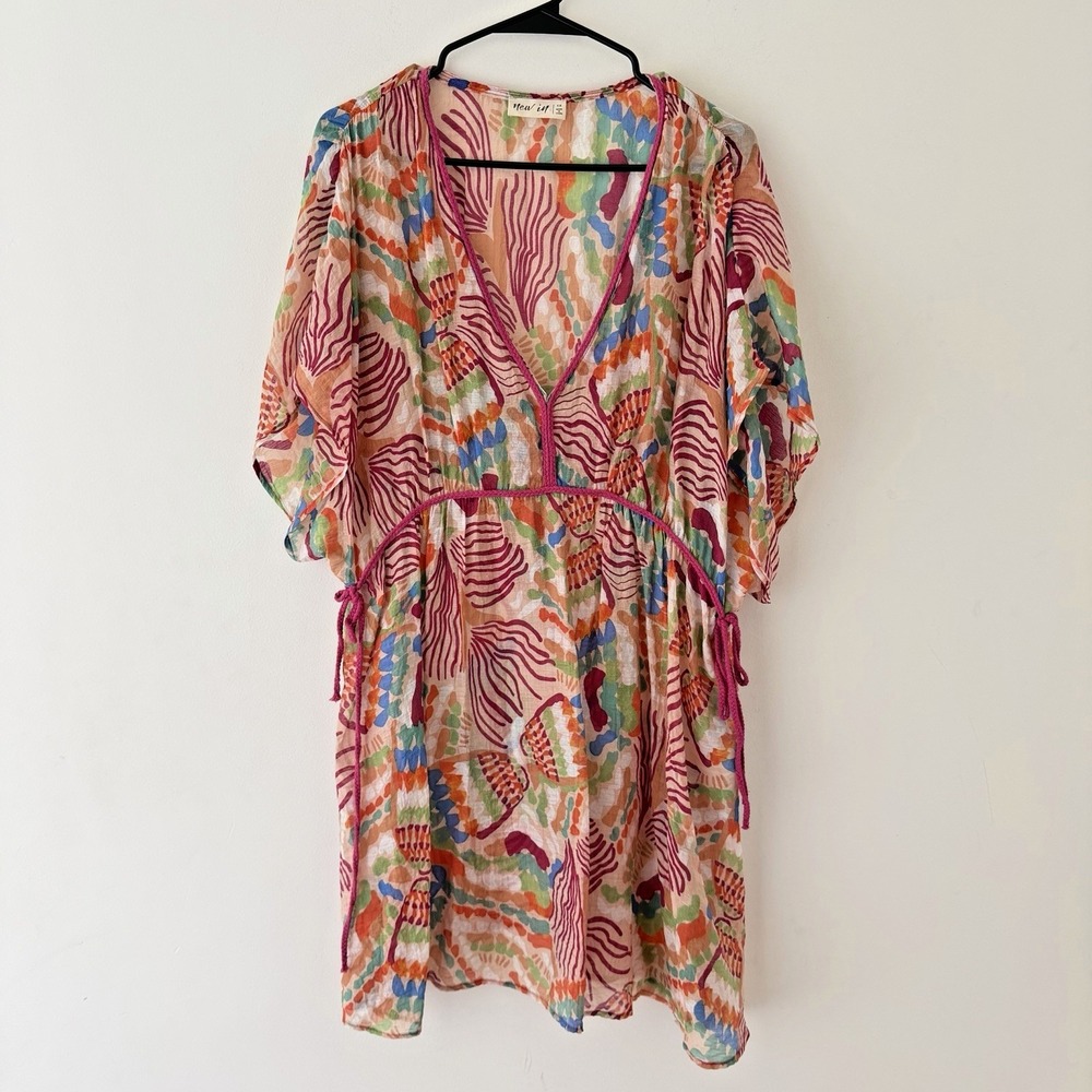 Plus‎ Size Sheer Boho Tunic Dress 1X Abstract Colorful Tropical Cover Up Kaftan